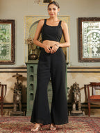 Janasya Black Georgette Solid Top Bottom Cape | Grocsy