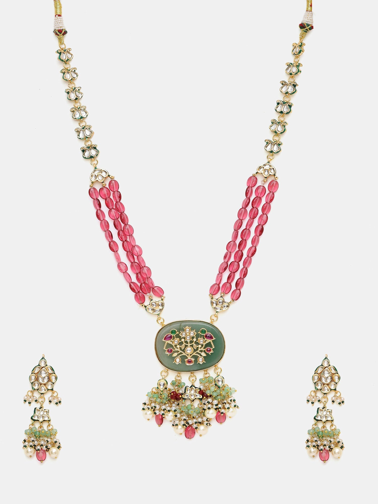 Ruby Raang 22k Gold Polished Long Multi Kundan Necklace With Earrings | Grocsy