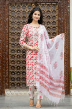 Kaajh Women's Pink Floral Cotton Handblock Salwar Suit Set | Grocsy