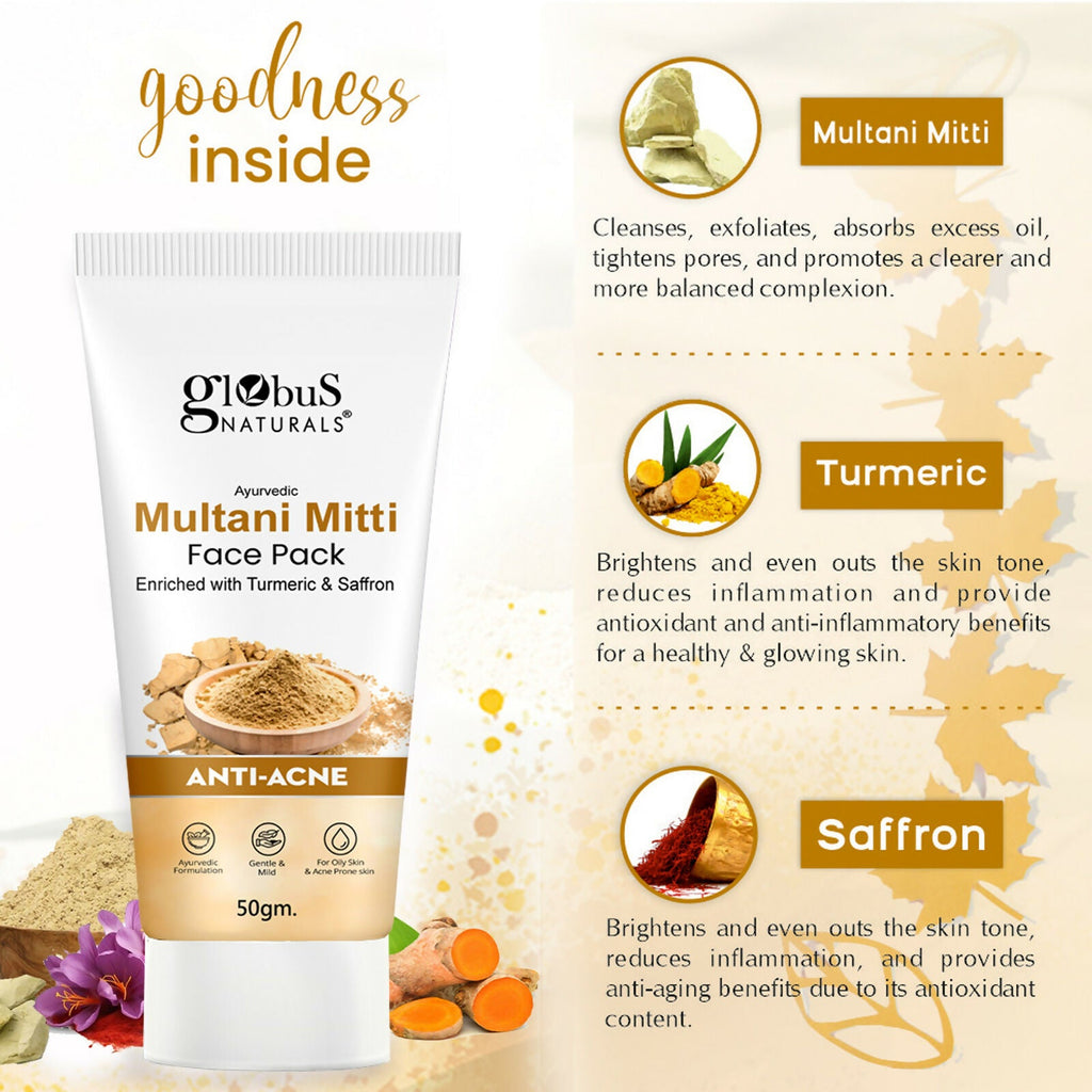 Globus Naturals Anti Acne Multani Mitti Face Pack, For Oily & Acne Prone Skin | Grocsy