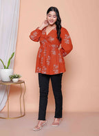 Miravan Womens Rust Floral Printed Balloon Sleeves V Neck Butterfly Top | Grocsy