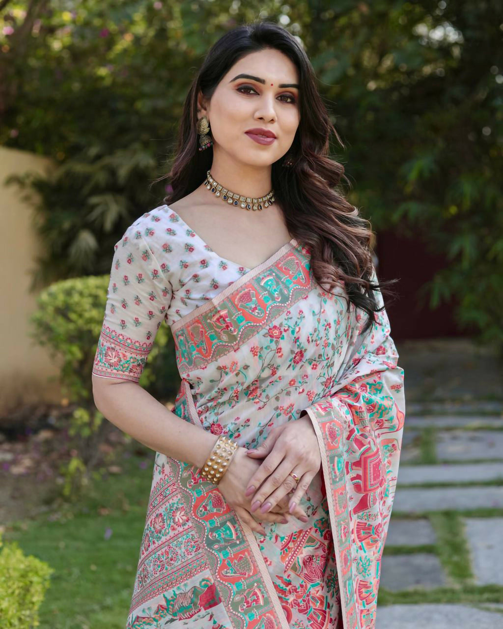 Vastranavya Luxury and Beautiful Soft, Smooth, Flowing Original Pashmina Soft Cotton Saree with Matching Blouse Fabric - Off White | Grocsy