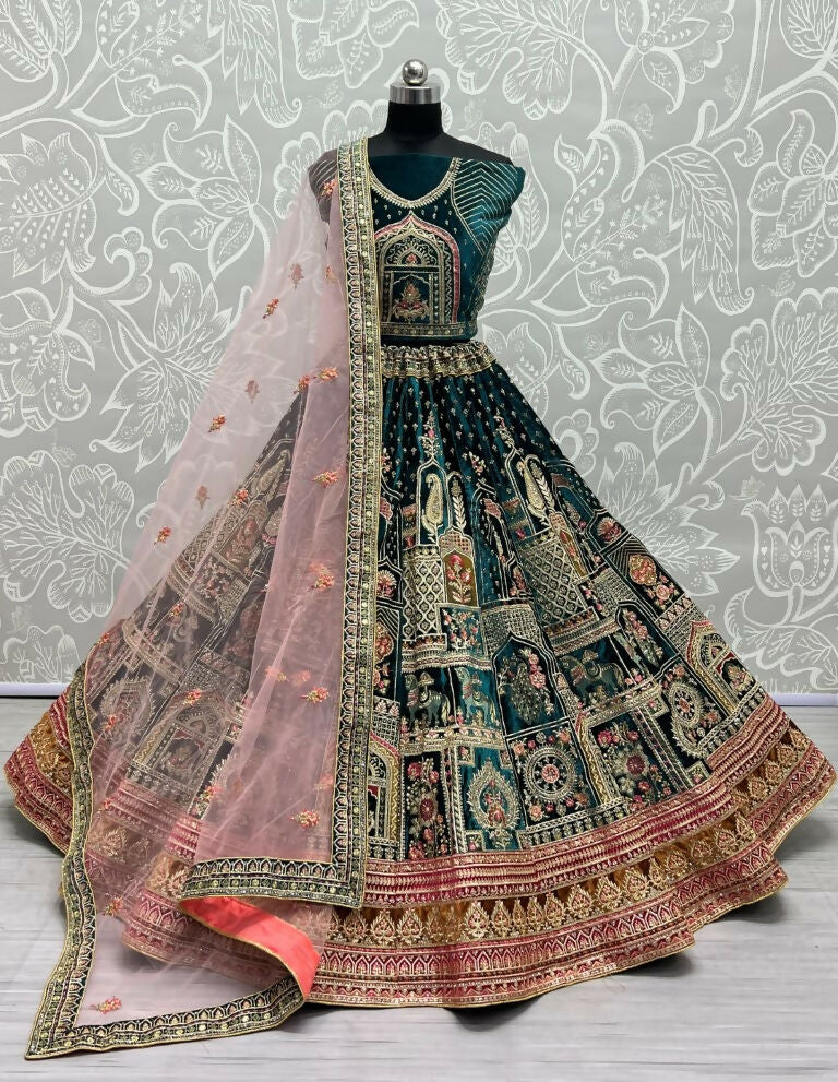 Jyoti Fashion Women's Teal Green Velvet Fancy Dori & Sequins with Multi Thread Embroidered with Diamond Work Wedding Lehenga Choli | Grocsy