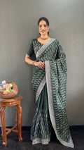 Vastranavya Sea Green Chinnon Silk Embroidery Multi Sequence & Arco Cut Work Ready to Wear Saree | Grocsy