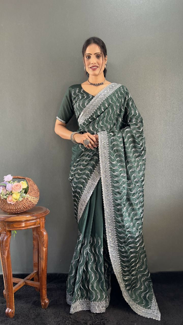Vastranavya Sea Green Chinnon Silk Embroidery Multi Sequence & Arco Cut Work Ready to Wear Saree | Grocsy
