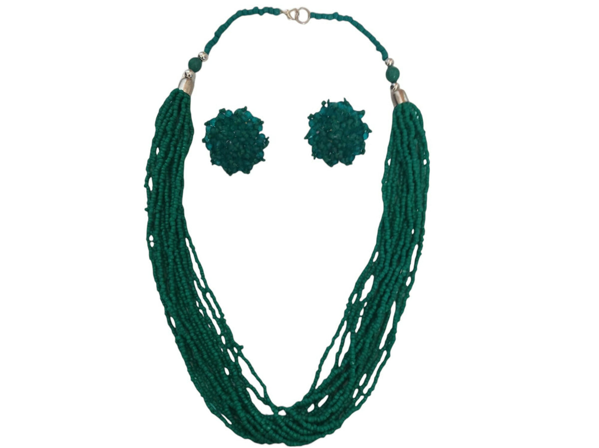 Inhanns Bloom Handmade Beaded Necklace With Earrings - 12 Layers - Sea Green Necklace Set | Grocsy