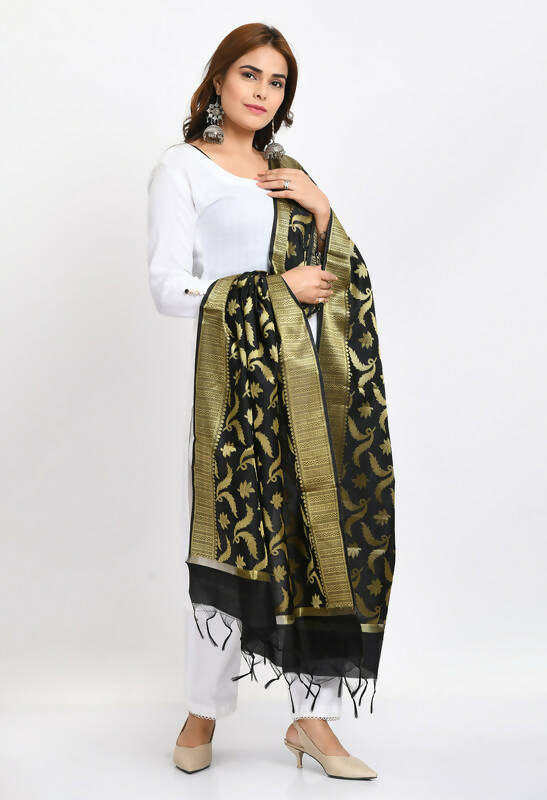 Mominos Fashion Moeza Women's Banarsi Silk Floral Woven Design Black Dupatta | Grocsy