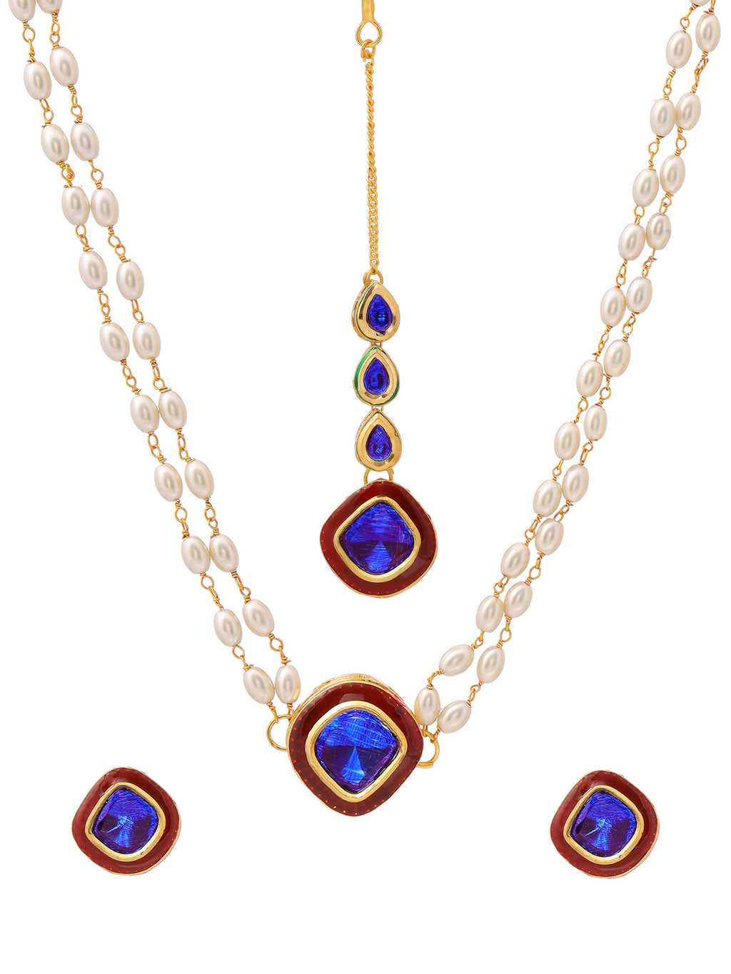 Ruby Raang Blue and Red Meenakari Kundan Necklace with Earrings & Maang Tikka | Grocsy