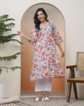 Vaasva Women Peach Floral Cotton Printed Flare Kurti With Pant | Grocsy