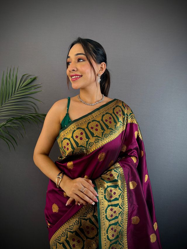 Elora Burgundy Soft Silk Butti Zari Weaving Constrast Pallu Banarasi Saree | Grocsy