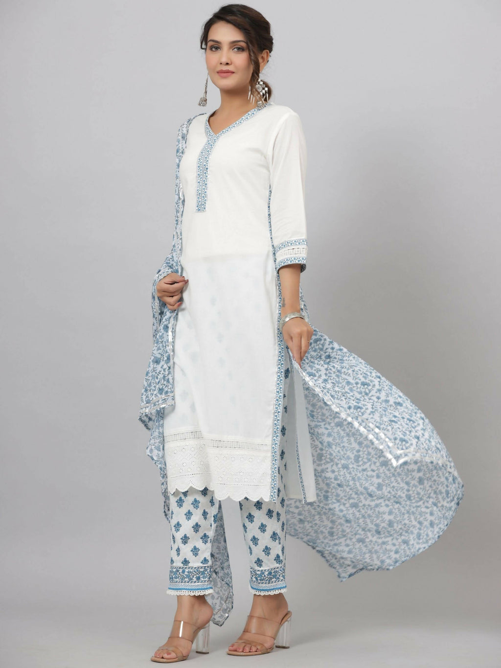 Juniper Women's White Cotton Cambric Solid Kurta Floral Printed Pant & Dupatta Set | Grocsy