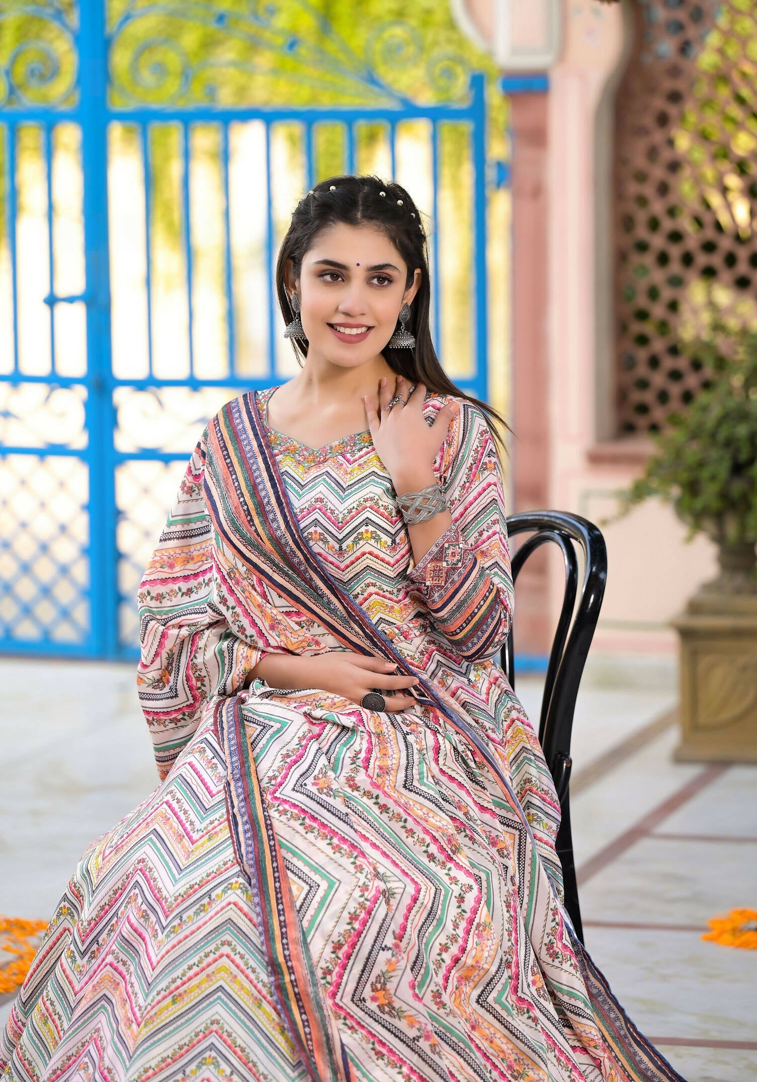 Functional Designer Off White-Muliti Dola Silk Anarkali suit with Dupatta - Ramya | Grocsy