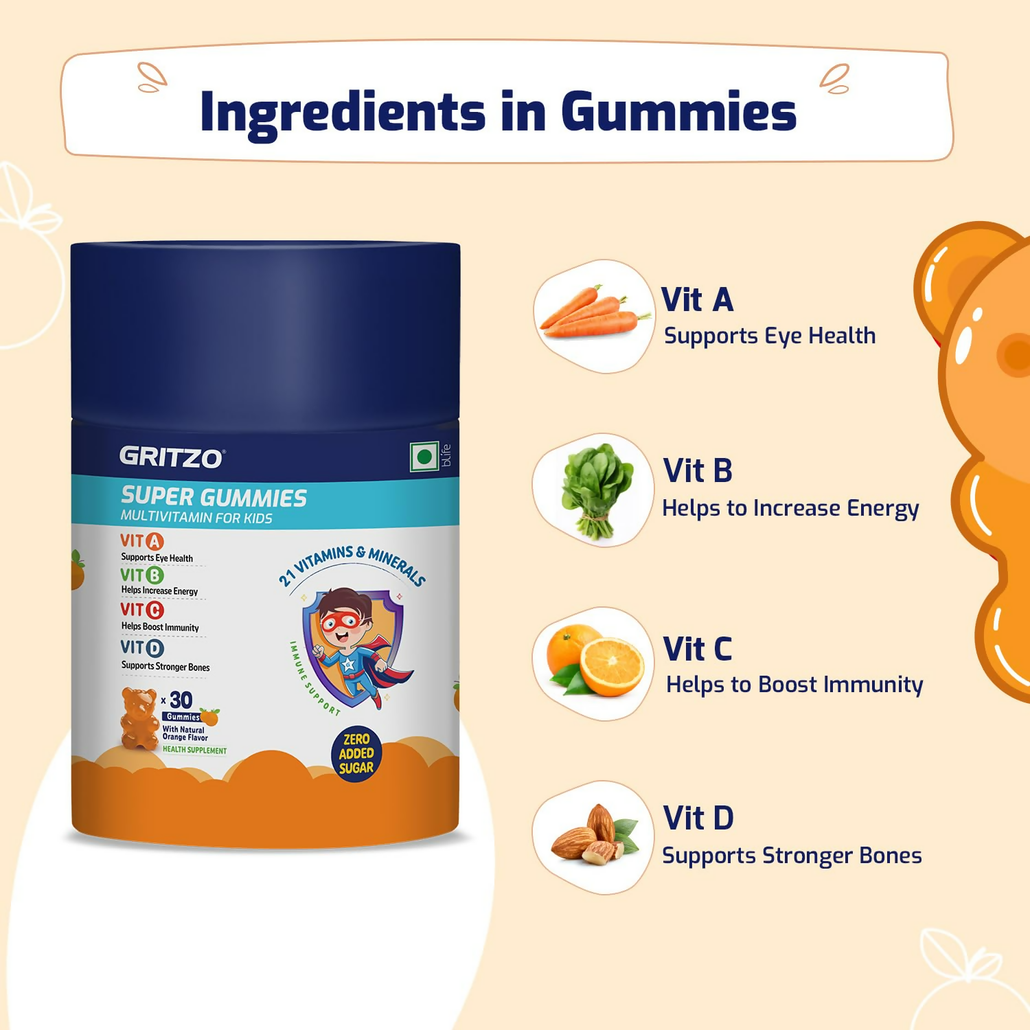 Gritzo Super Gummies, Multivitamin for Kids (Natural Strawberry & Natural Orange Flavours) | Grocsy