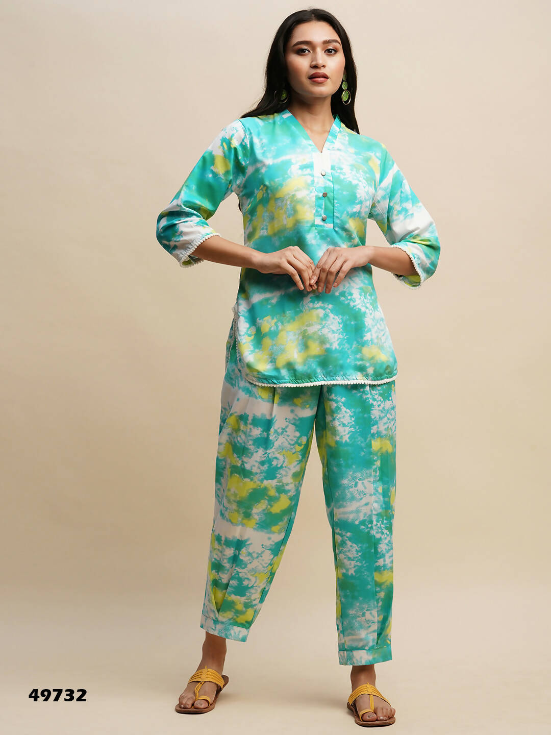 Sky Blue Poly Rayon Tie and dye Printed Top with Matching Trouser - Shivani | Grocsy