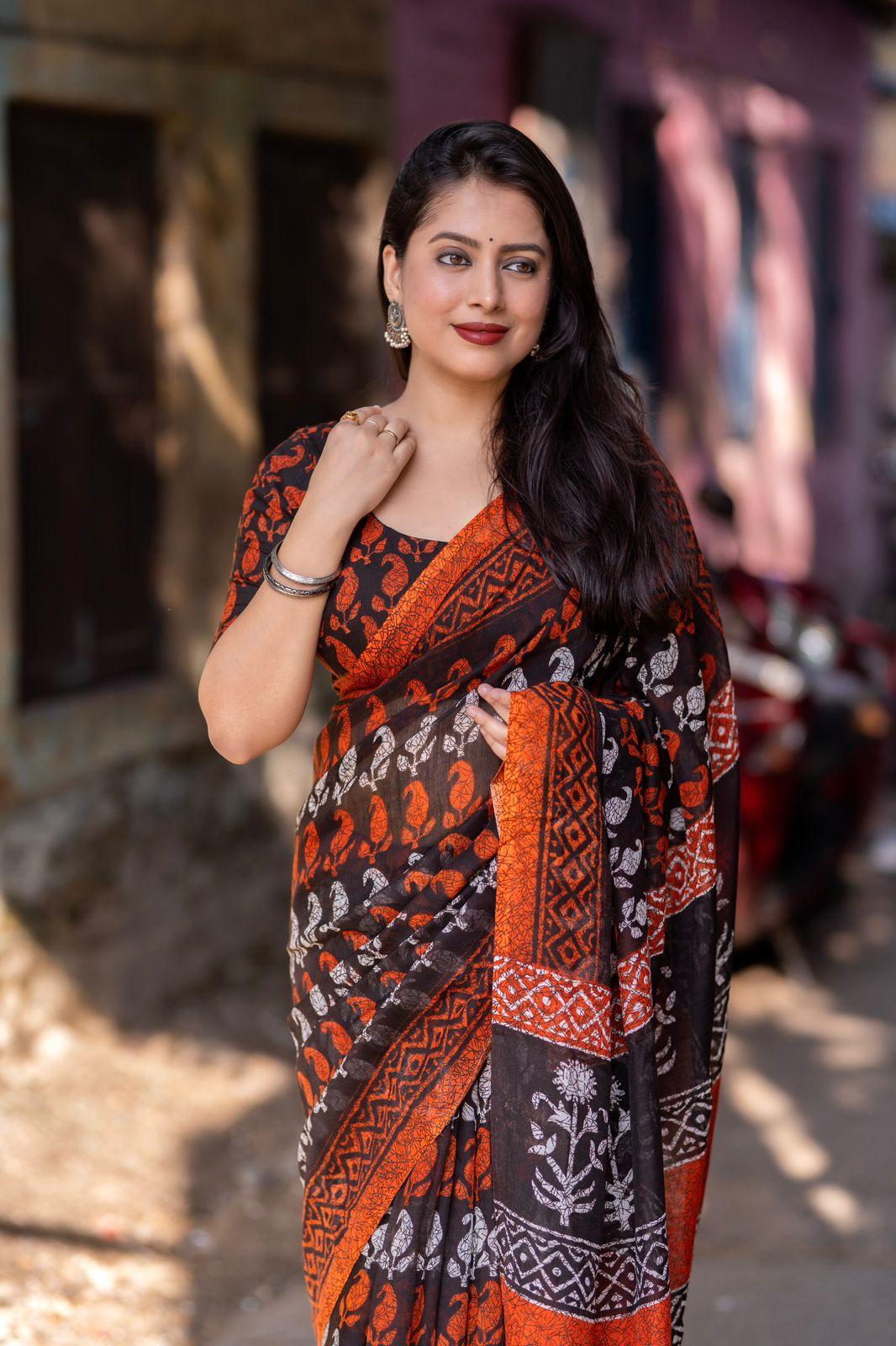 Orange Linen Blend Ethnic Motifs Saree with Unstitched Blouse - A2M | Grocsy