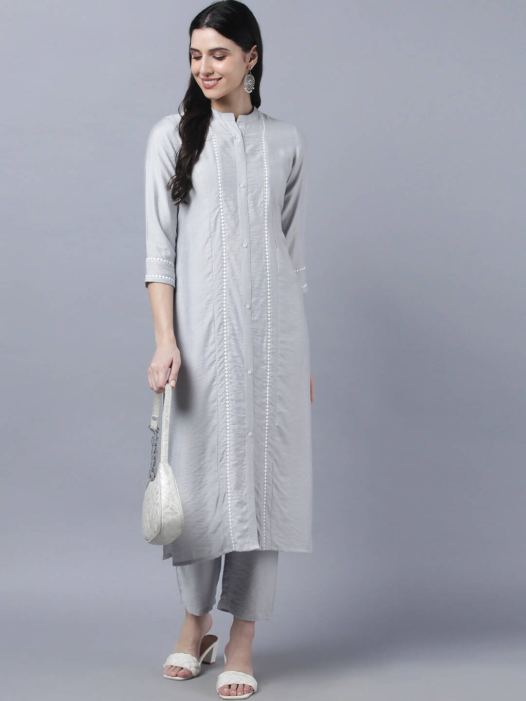 Myshka Stylish Grey Viscose 3/4 Sleeve Women's Kurta Pant Set | Grocsy