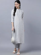 Myshka Stylish Grey Viscose 3/4 Sleeve Women's Kurta Pant Set | Grocsy