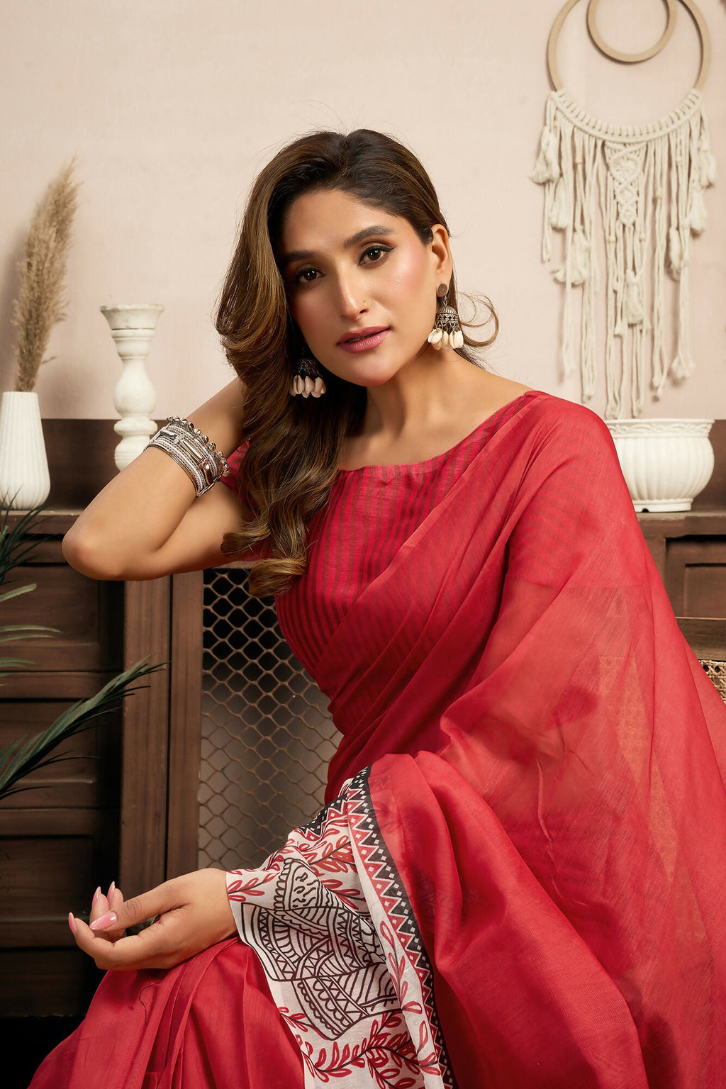 Vastranavya Red Digital Printed Linen Ready To Wear Designer Saree with Unstitched Blouse | Grocsy