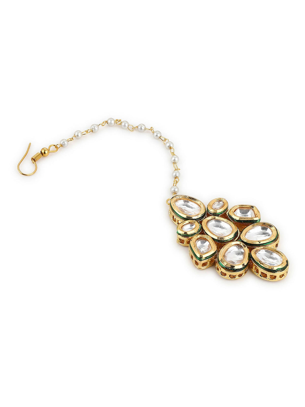 White Gold-Polished Kundan Studded Beaded Maang Tikka - Ruby Raang | Grocsy