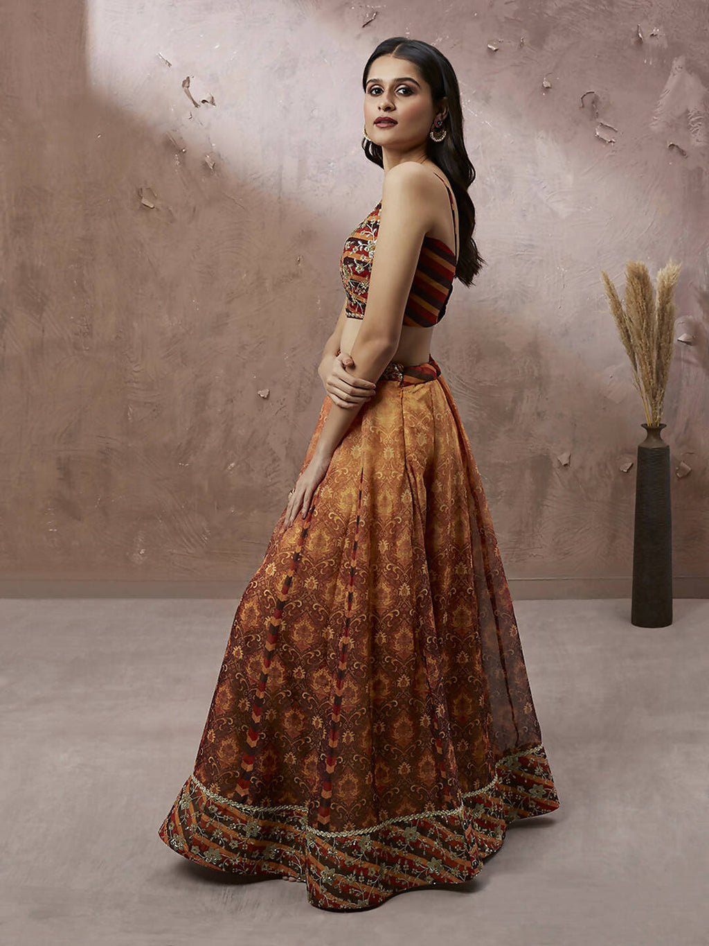 House of Panchhi Brown Organza Floral Print and sequinse work Lehenga choli & Dupatta | Grocsy