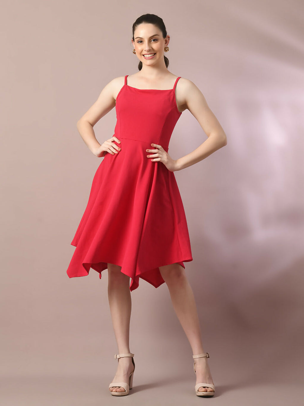 Myshka Women's Pink Solid Shoulder Straps Fit and Flare Party Dress | Grocsy