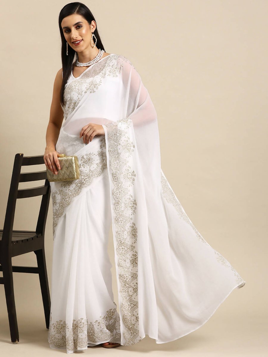 Ahalyaa Women's Traditional Semi Stitch Saree - White | Grocsy