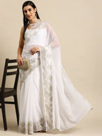 Ahalyaa Women's Traditional Semi Stitch Saree - White | Grocsy