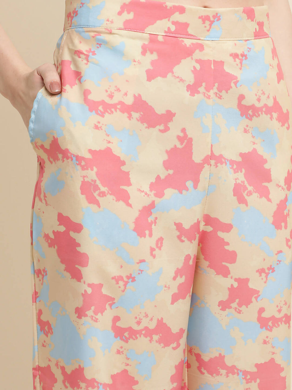 Beige & Pink Poly Crepe Digital Printed Top with Matching Bottom - Preeti | Grocsy