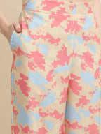 Beige & Pink Poly Crepe Digital Printed Top with Matching Bottom - Preeti | Grocsy