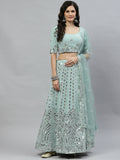 Pista Green Georgette Paper Mirror Embroidery Work Lehenga Choli with Dupatta - Jivika | Grocsy