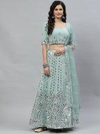Pista Green Georgette Paper Mirror Embroidery Work Lehenga Choli with Dupatta - Jivika | Grocsy