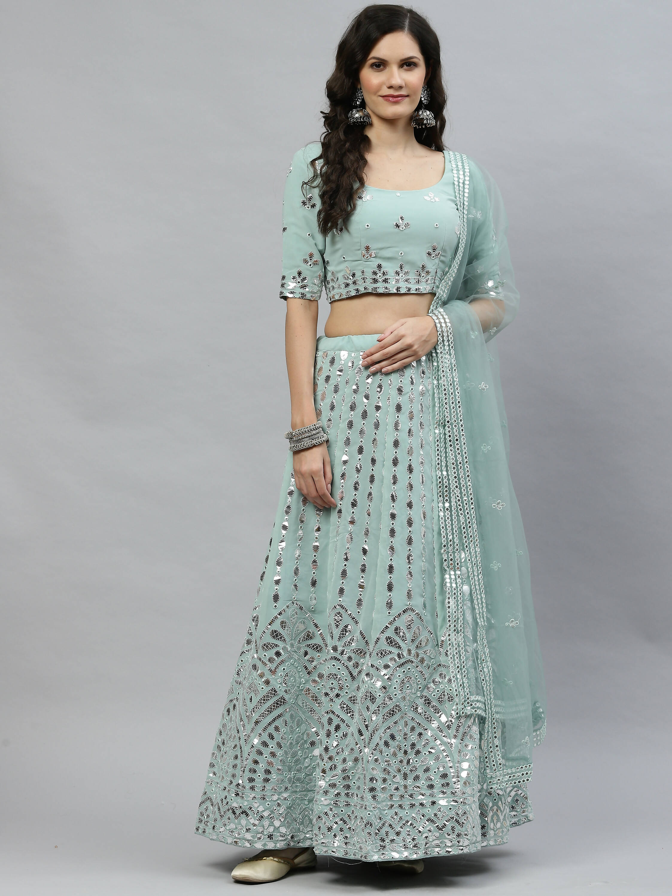 Pista Green Georgette Paper Mirror Embroidery Work Lehenga Choli with Dupatta - Jivika | Grocsy