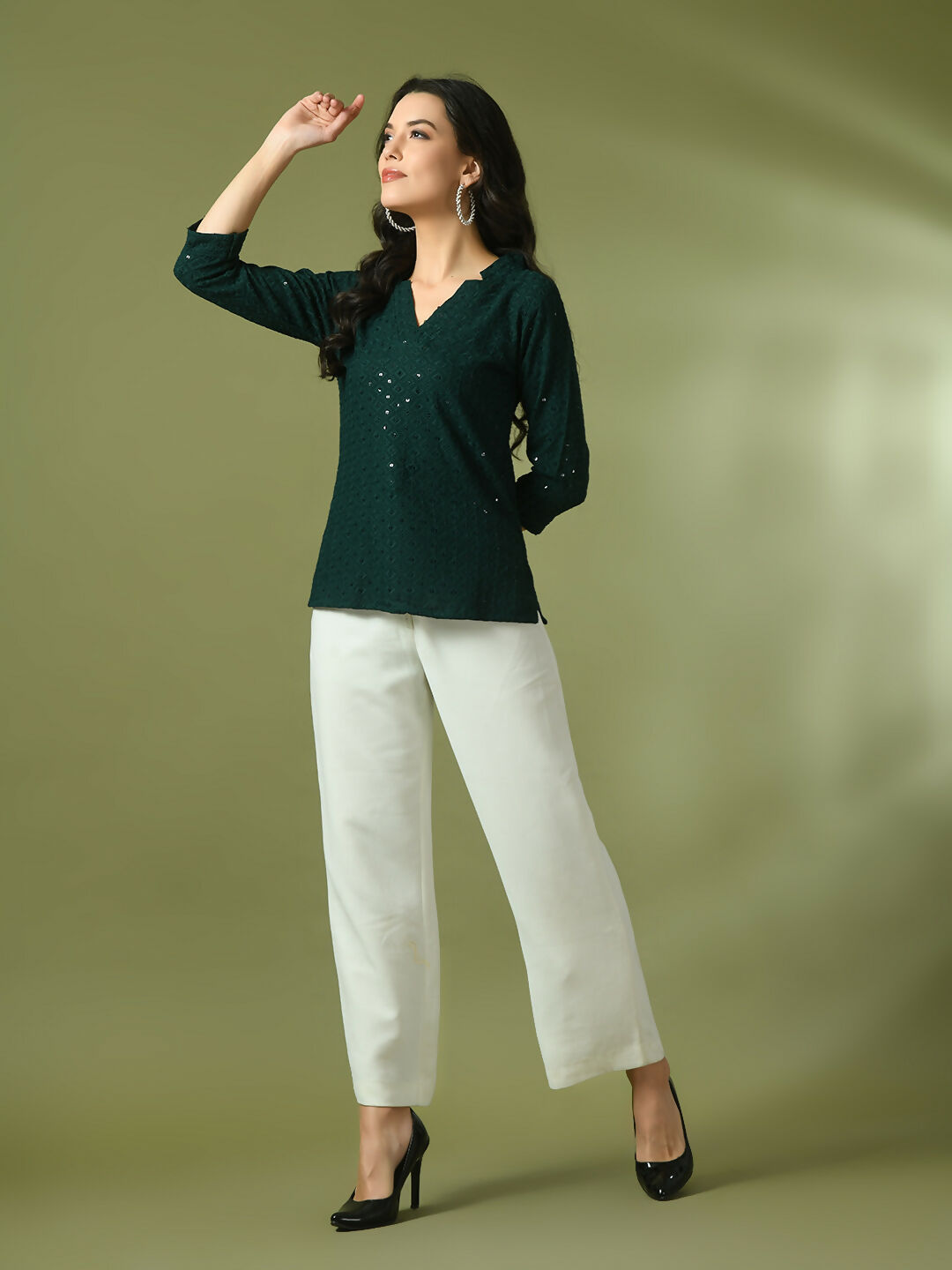 Myshka Women's Green Embellished Cotton Regular Party Tunic | Grocsy