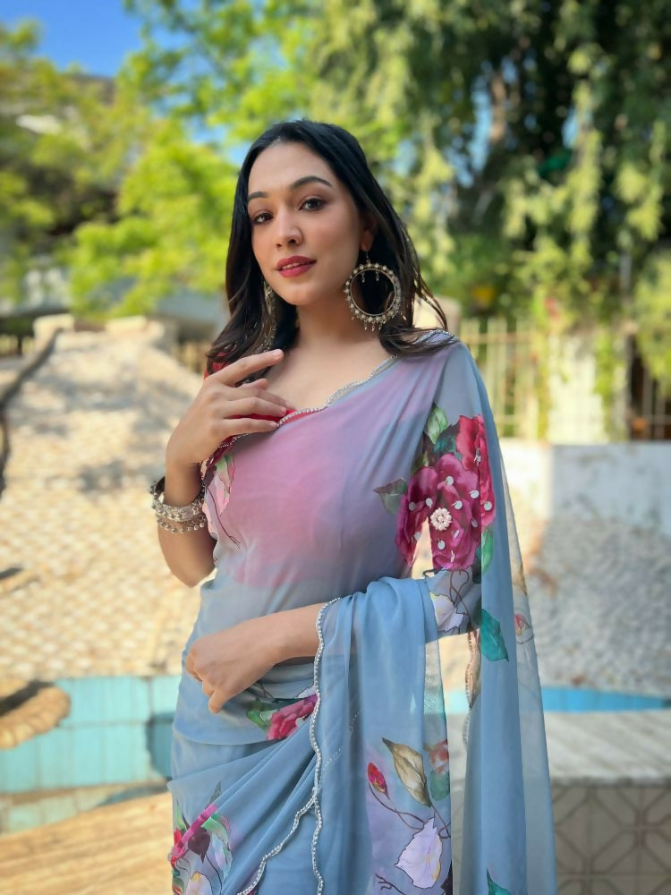 Vamsee Snehal Grey Georgette Saree | Grocsy