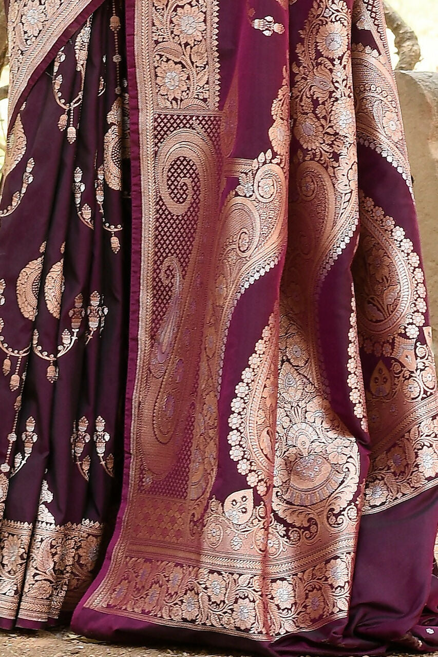 Joban Fashion Wine Banarasi Soft Pure Handloom Banarasi Silk Saree | Grocsy