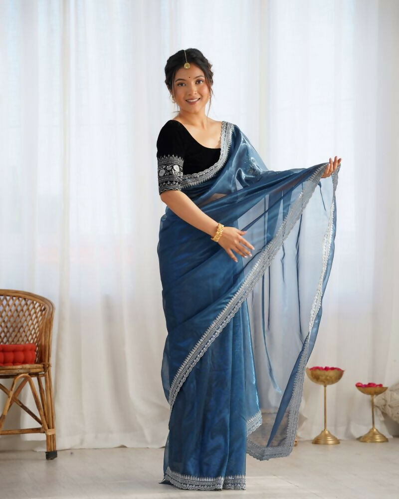 Attrctive Looking Gold Jari, Sequance Embroidery Work Twill Net Party Wear Saree - Teal | Grocsy