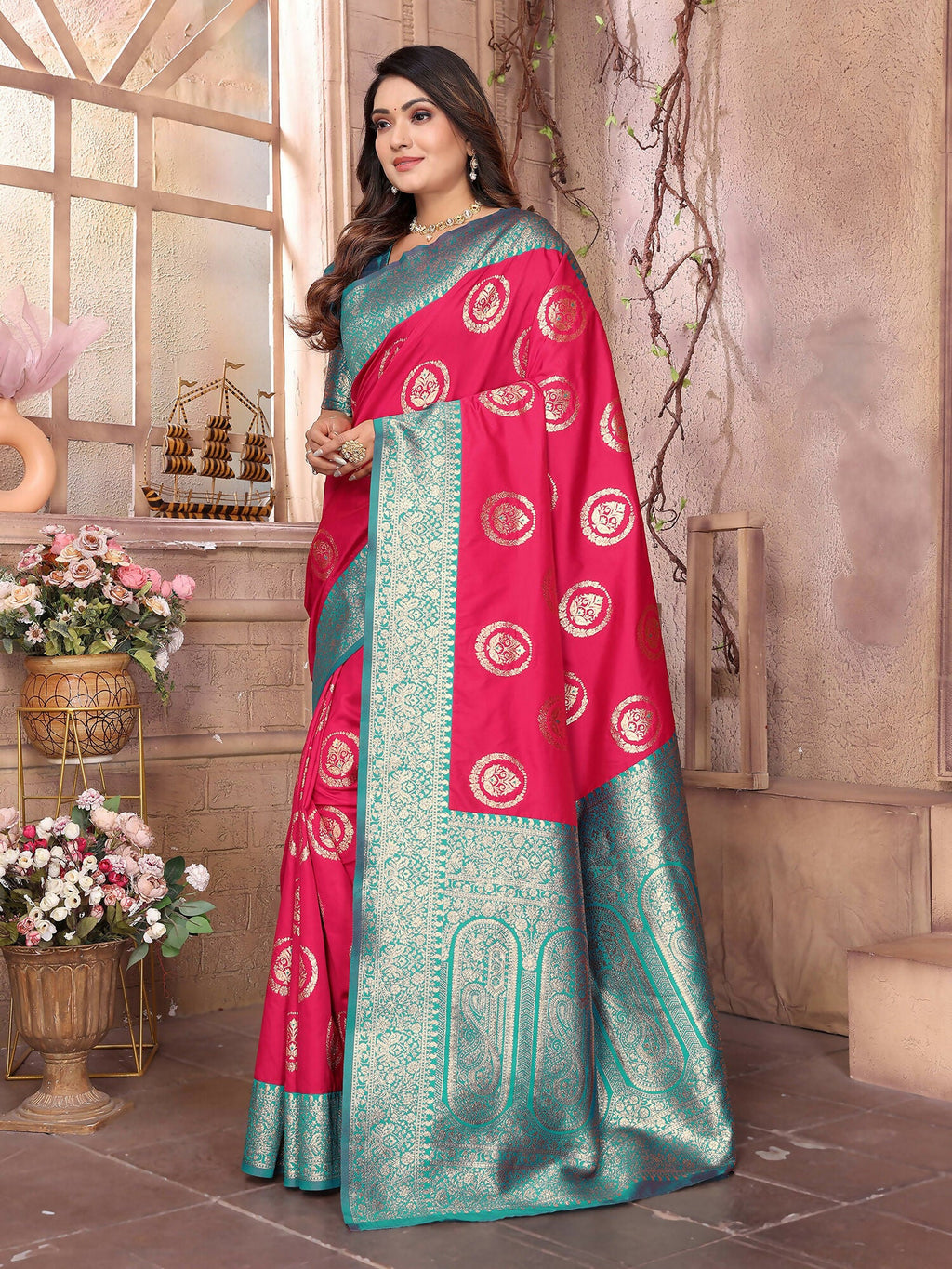 Joban Fashion Hot Pink Banarasi Soft Silk Woven Saree | Grocsy