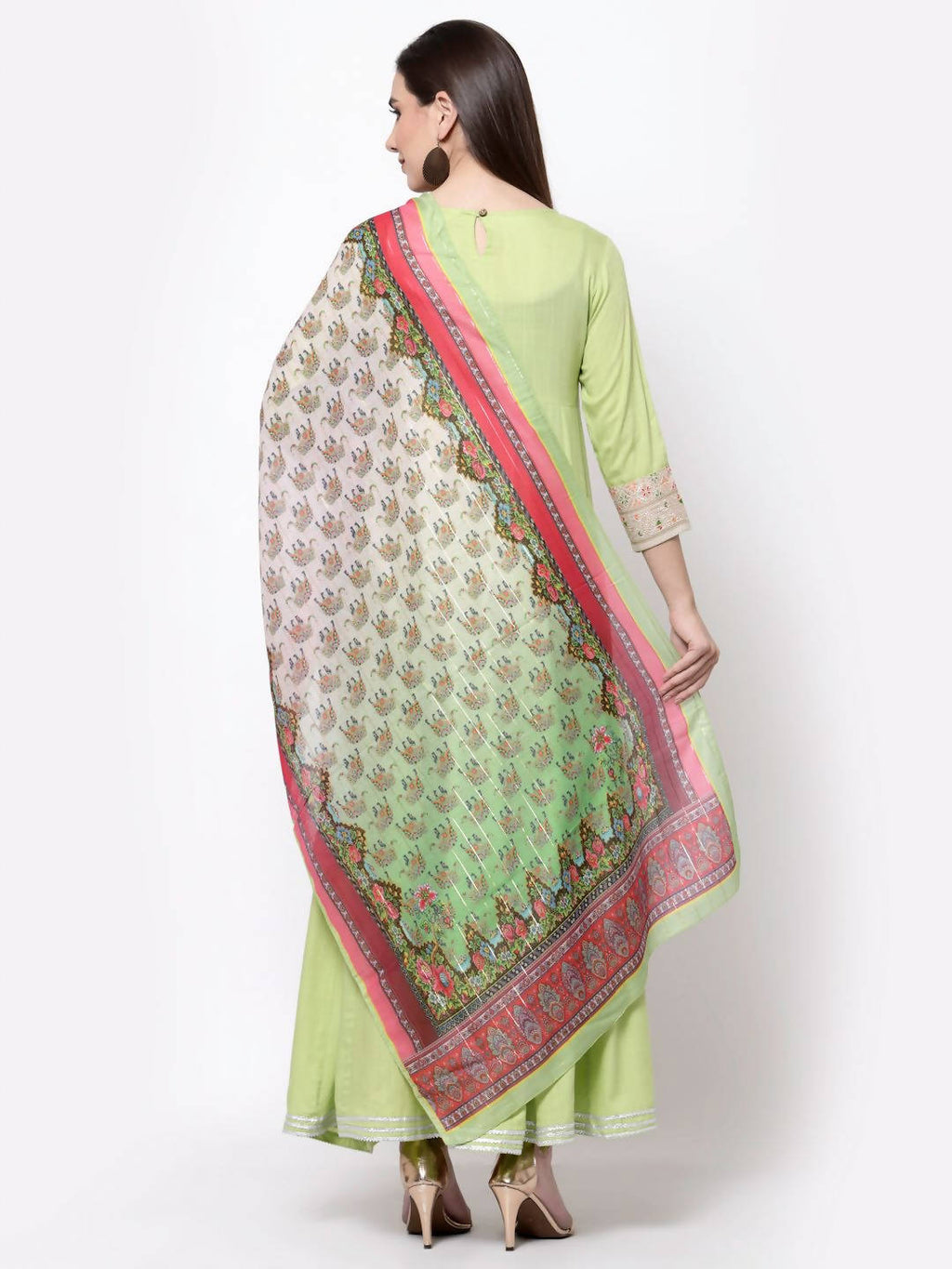 Myshka Women's Green Rayon Printed 3/4 Sleeve Round Neck Casual Anarkali Dupatta Set | Grocsy