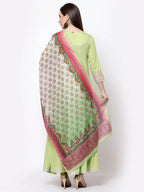 Myshka Women's Green Rayon Printed 3/4 Sleeve Round Neck Casual Anarkali Dupatta Set | Grocsy