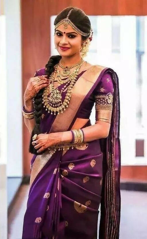 DEIANA'S Beautiful Designer Golden zari Soft Lichi Silk Saree - Purple | Grocsy