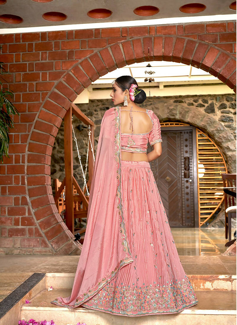 Pink Chinon Crushed Sequence and Thread Embroidery Work Lehenga Choli with Dupatta - Viharini | Grocsy