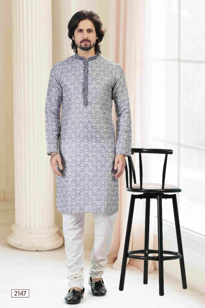 Raivat Ethnic Cotton Thread Work Kurta Pajama In Grey Colour | Grocsy