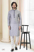 Raivat Ethnic Cotton Thread Work Kurta Pajama In Grey Colour | Grocsy