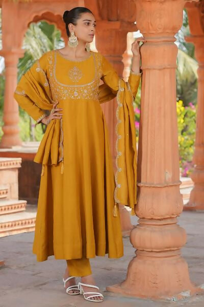 The52 Women's Beautiful Vichitra Silk Fabric Embroidery Work Flared Anarkali Pant and Dupatta Set | Grocsy