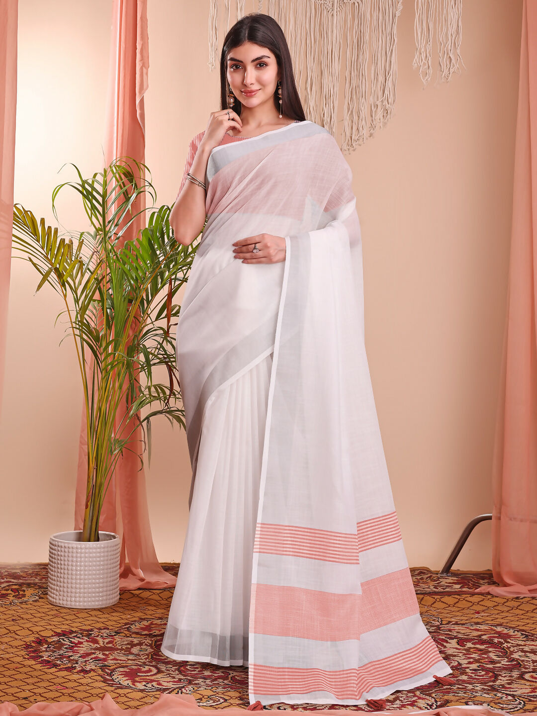 Shree Shyam Fashion The White Loom White Linen Cotton Saree | Grocsy