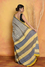 Very Much Indian Handblock Printed Cotton Saree With Natural Dyes - White | Grocsy