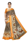 Vamika Orange Linen Digital Print with Satin Border Beautiful Saree | Grocsy