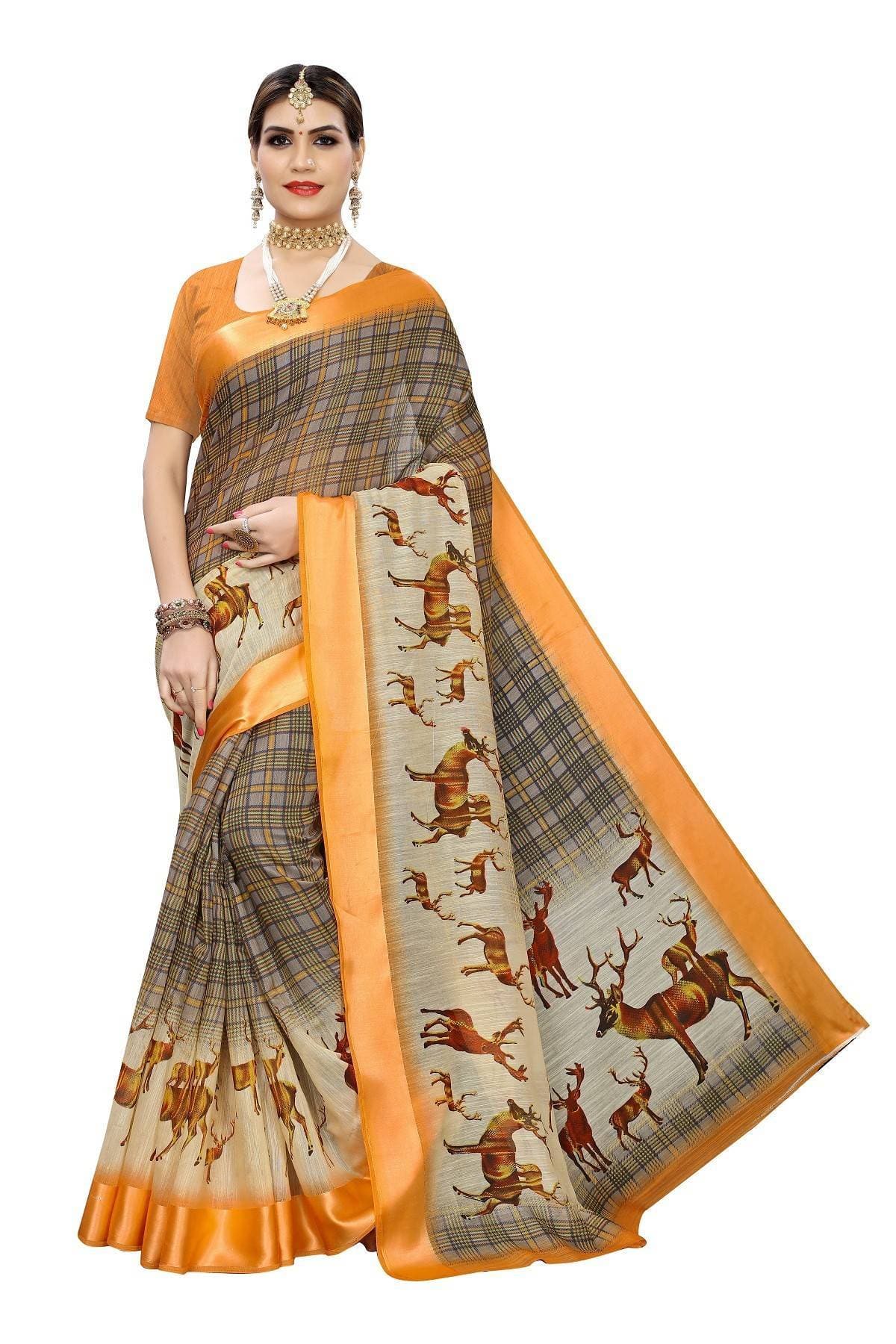 Vamika Orange Linen Digital Print with Satin Border Beautiful Saree | Grocsy