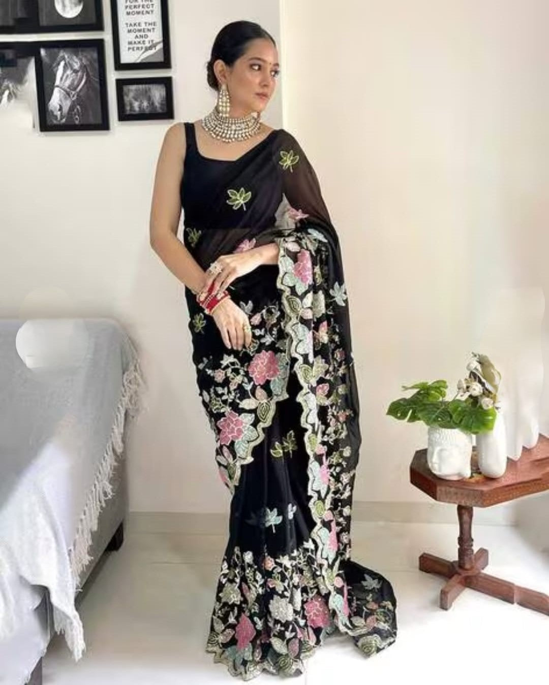 Vamika Embroidery Black Georgette Bollywood Saree | Grocsy