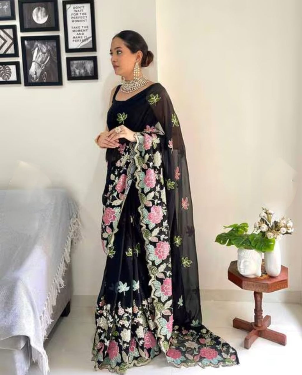 Vamika Embroidery Black Georgette Bollywood Saree | Grocsy